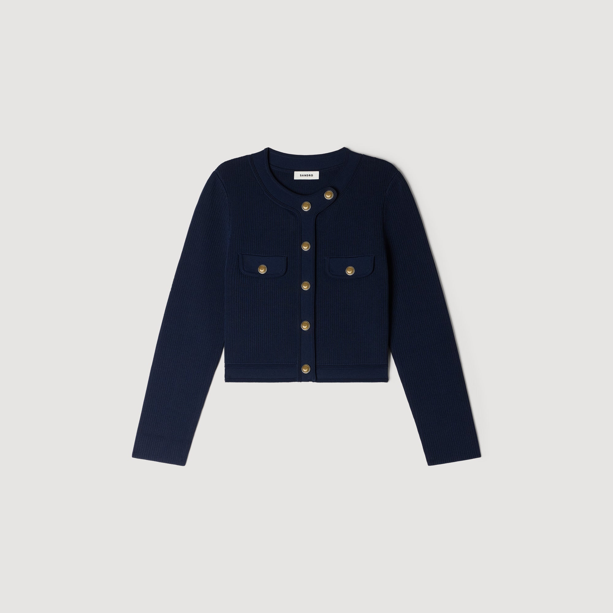 Claudie Cropped Rib Knit Cardigan Navy Blue