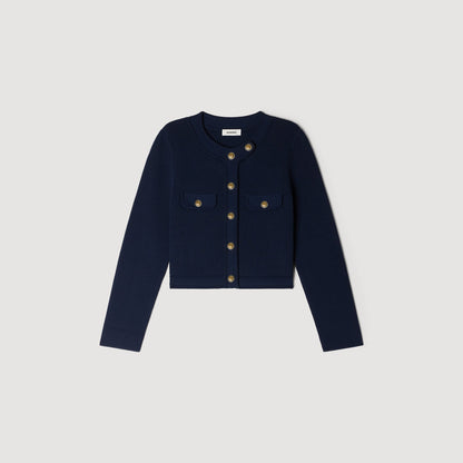 Claudie Cropped Rib Knit Cardigan Navy Blue