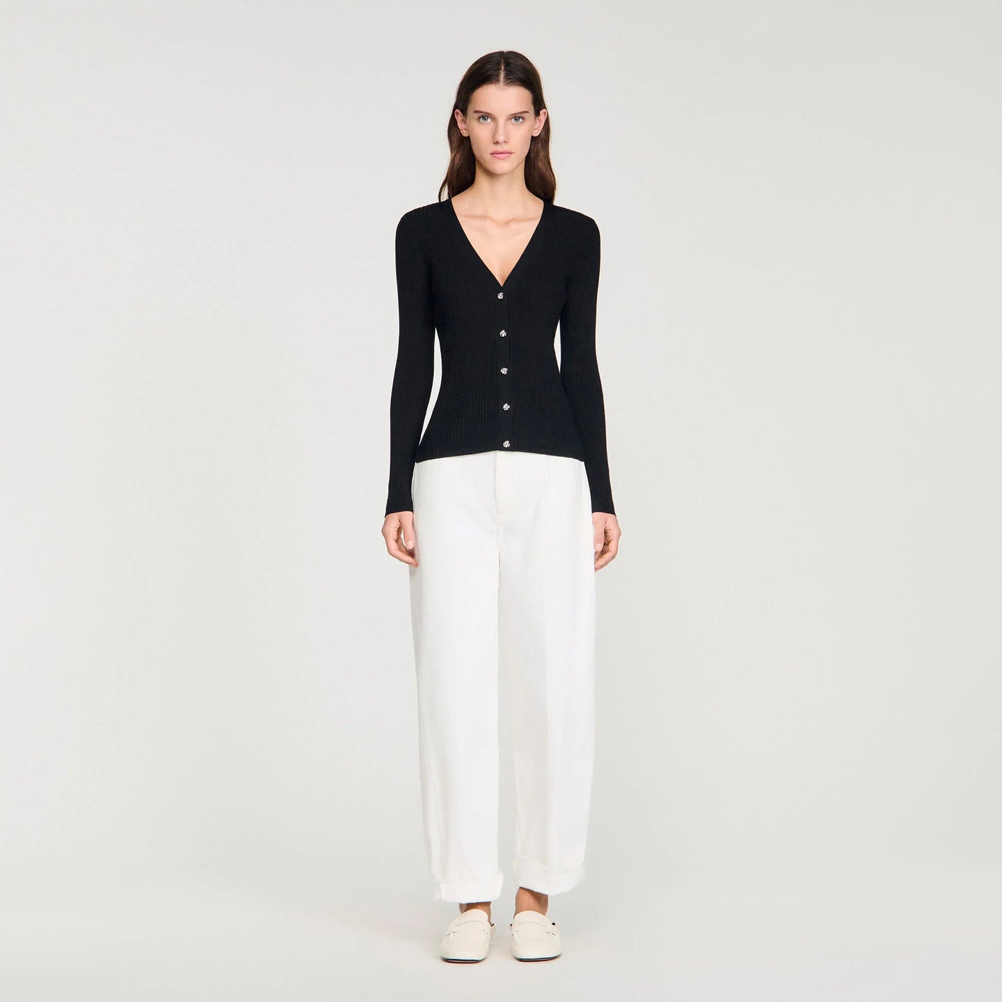 Gabie Ribbed Cardigan With Fancy Buttons Black