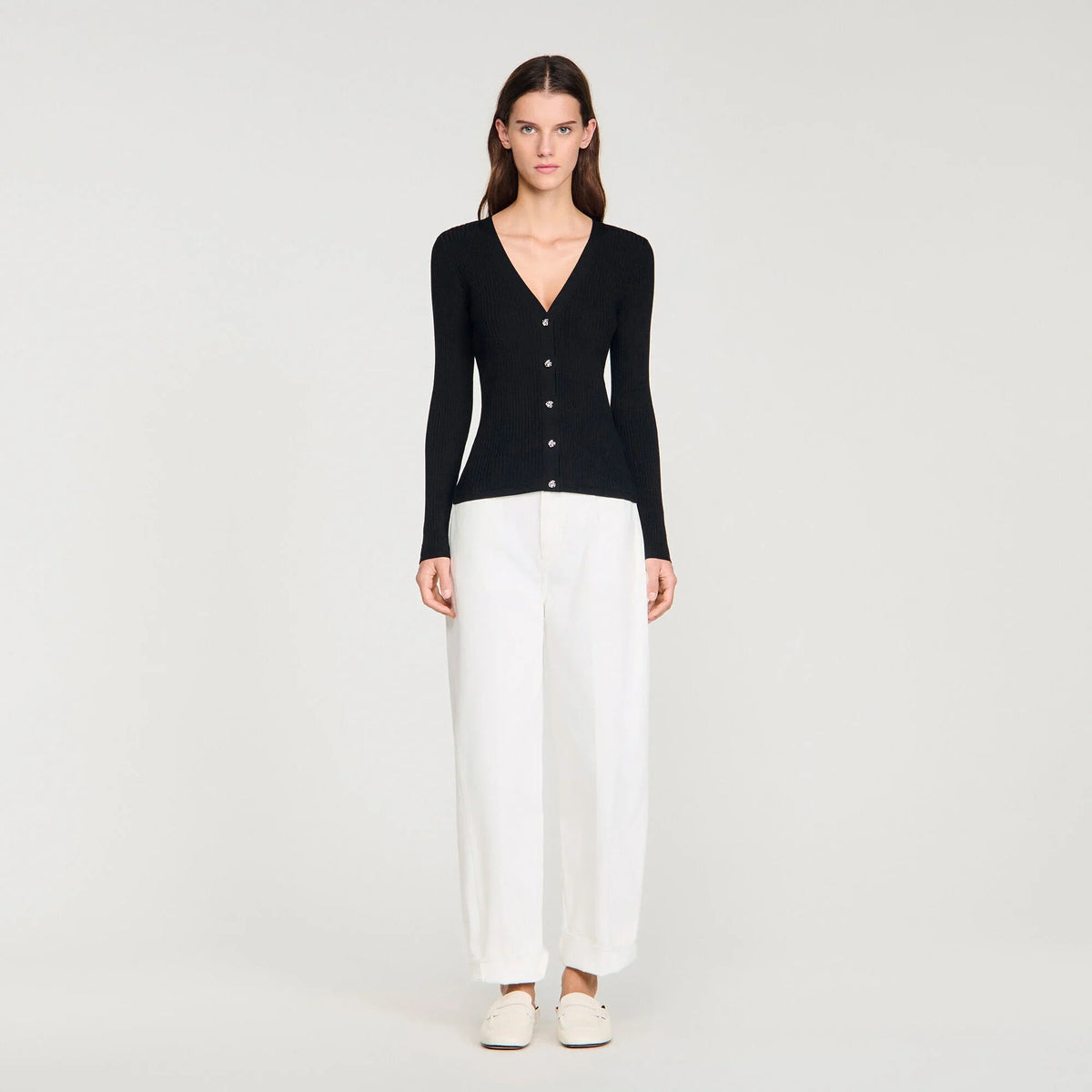 Gabie Ribbed Cardigan With Fancy Buttons Black