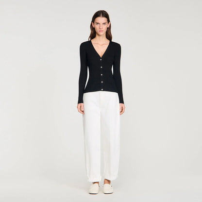 Gabie Ribbed Cardigan With Fancy Buttons Black
