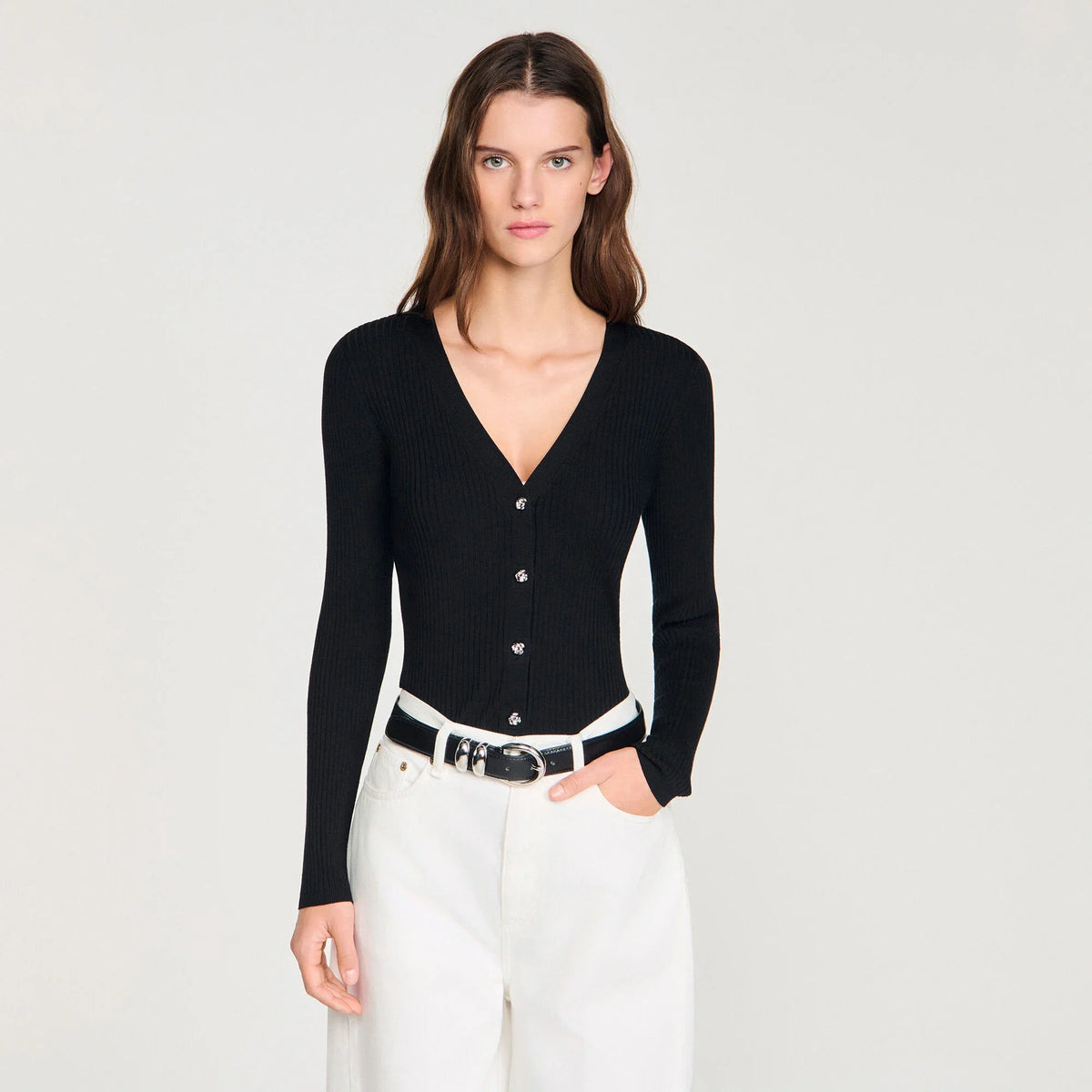 Gabie Ribbed Cardigan With Fancy Buttons Black