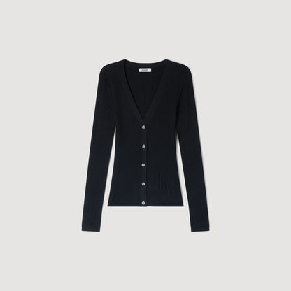 Gabie Ribbed Cardigan With Fancy Buttons Black