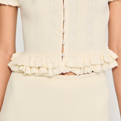 Arianna Ruffled Knit Cardigan Ecru