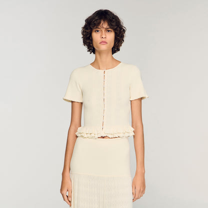 Arianna Ruffled Knit Cardigan Ecru