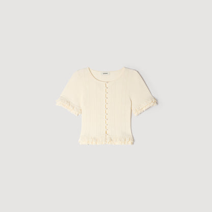 Arianna Ruffled Knit Cardigan Ecru