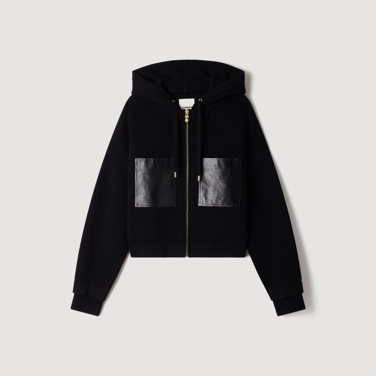 Arlo Hooded cardigan, leather details Black