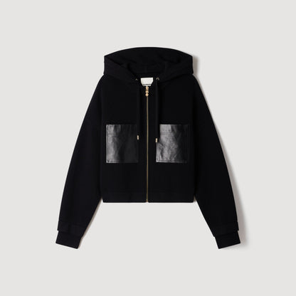 Arlo Hooded cardigan, leather details Black