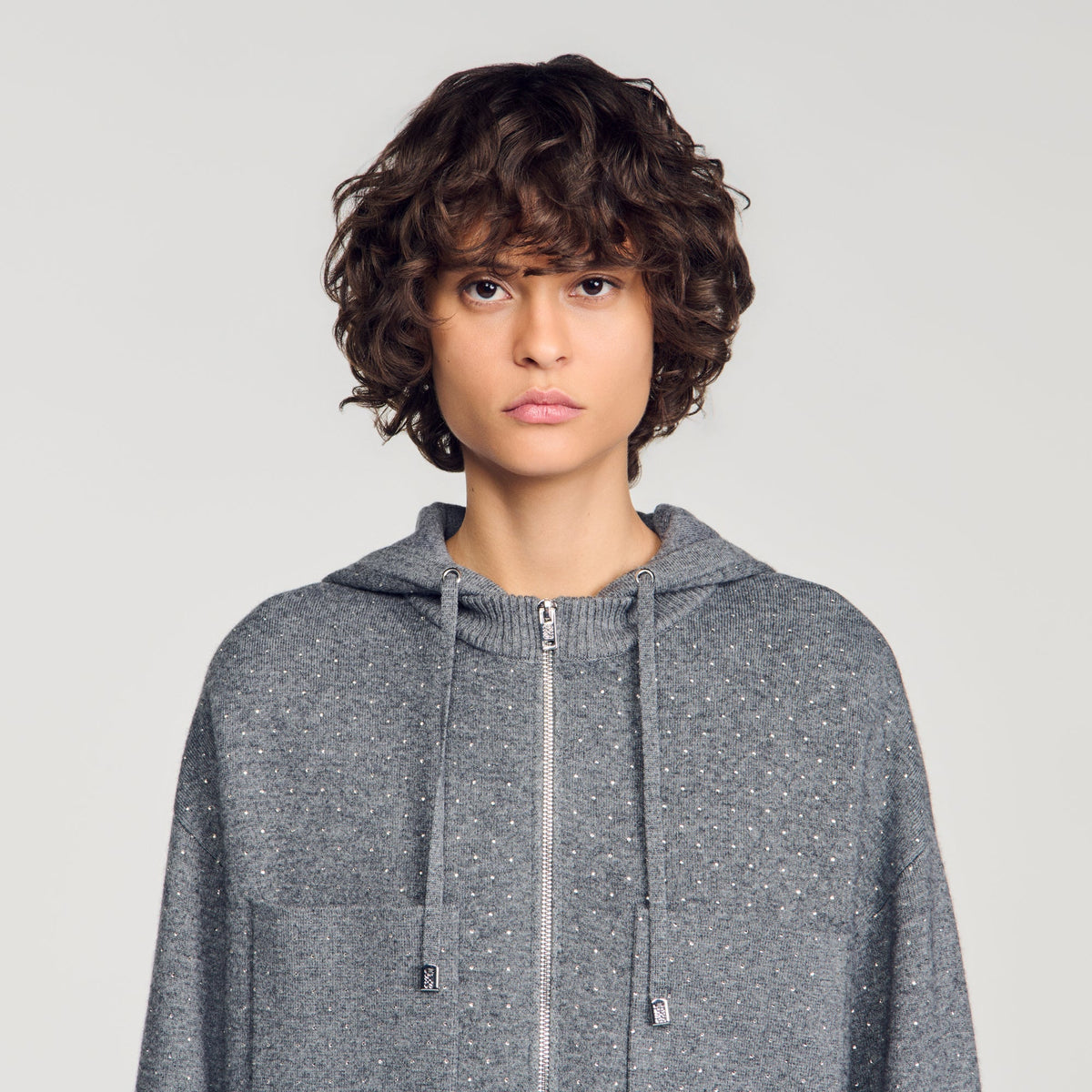 Luce Hooded Rhinestone Cardigan Grey