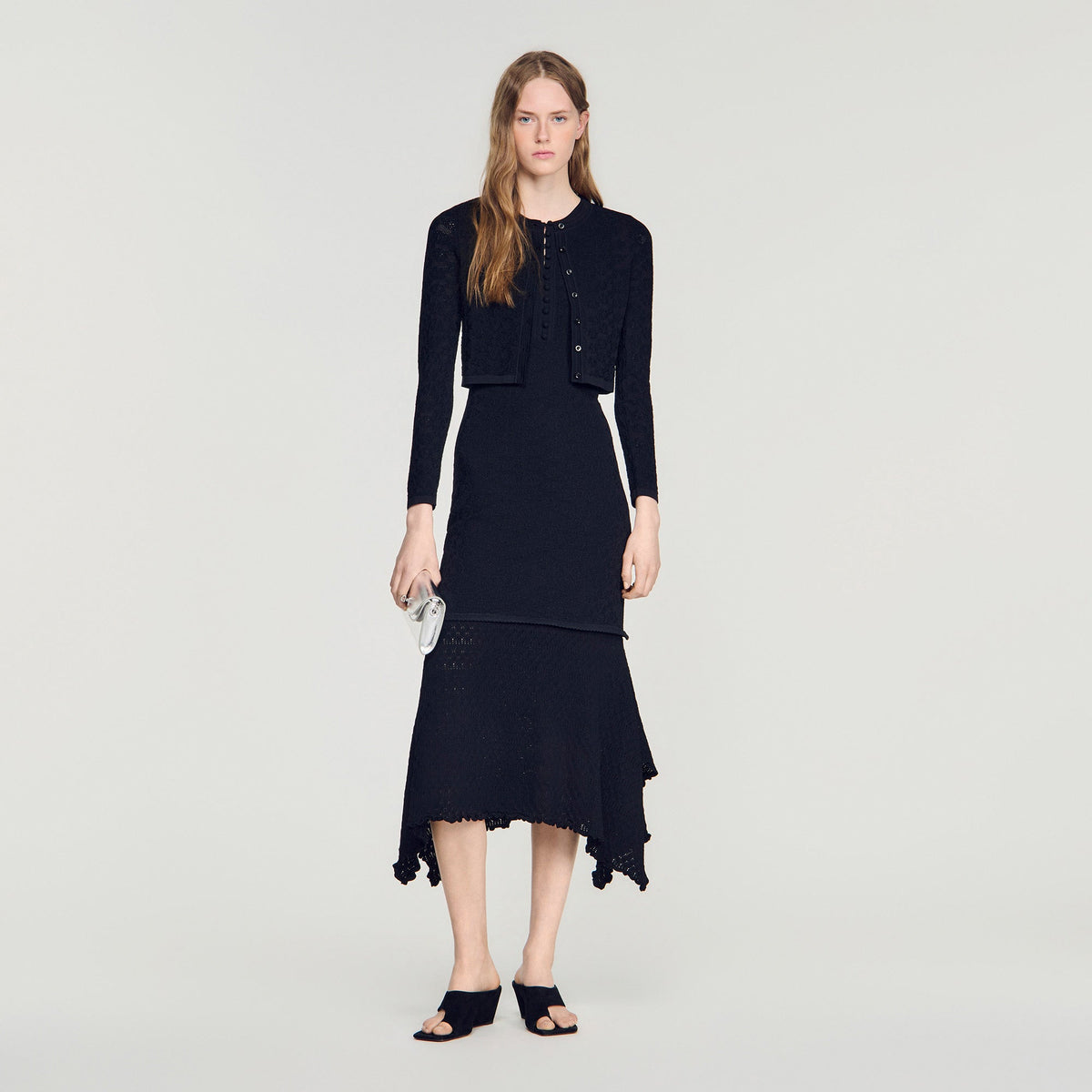 Maretto Decorative Pointelle Cardigan Black