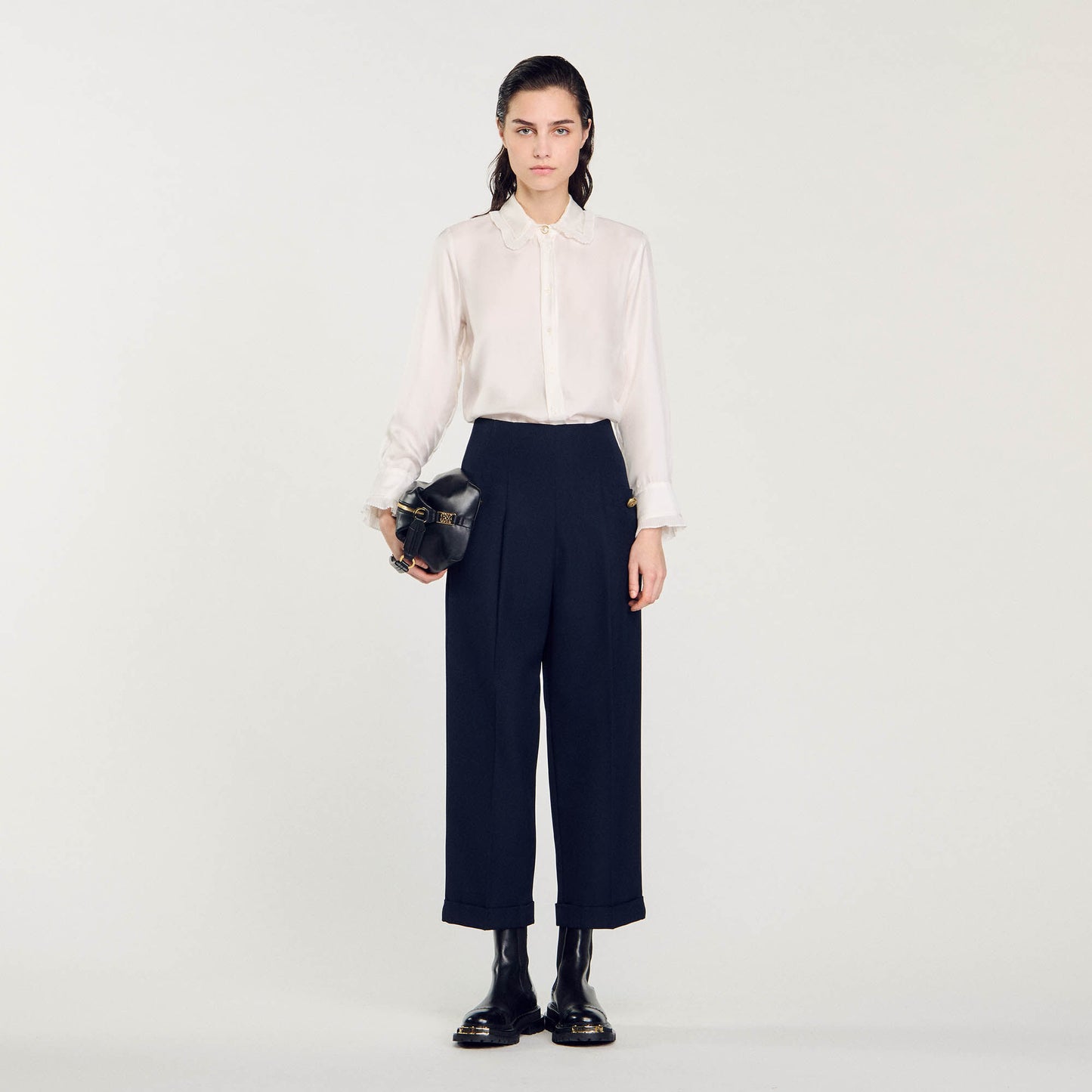 Silk Shirt With Pleated Trim Ecru