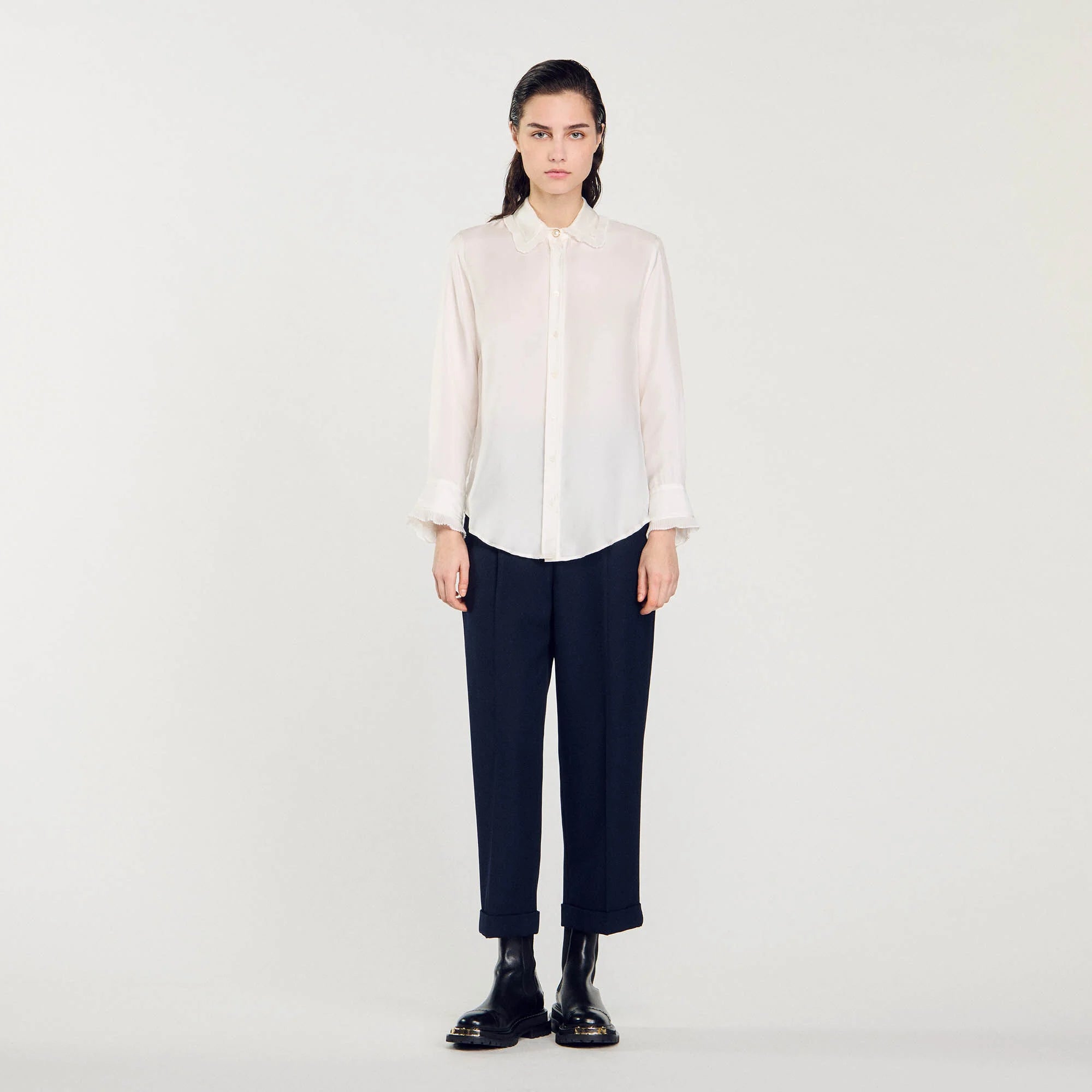 Silk Shirt With Pleated Trim Ecru