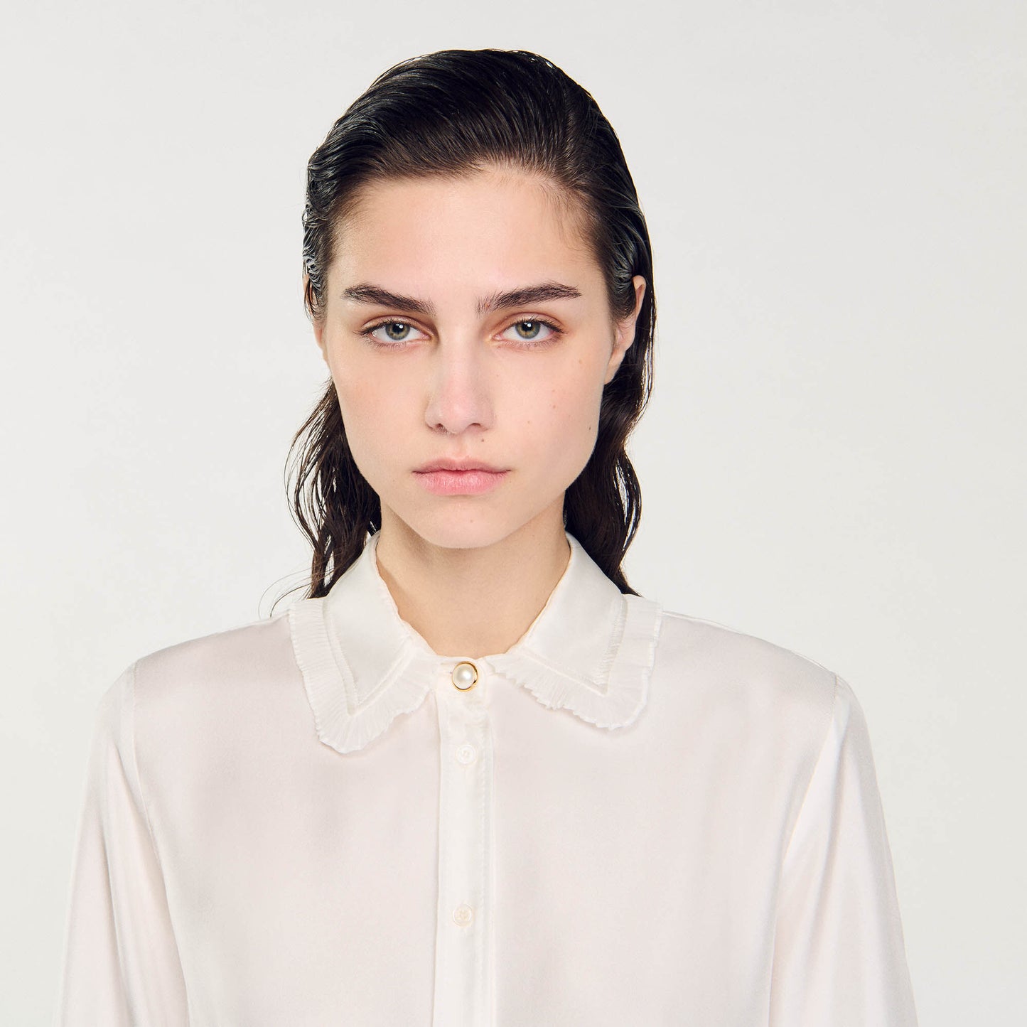 Silk Shirt With Pleated Trim Ecru