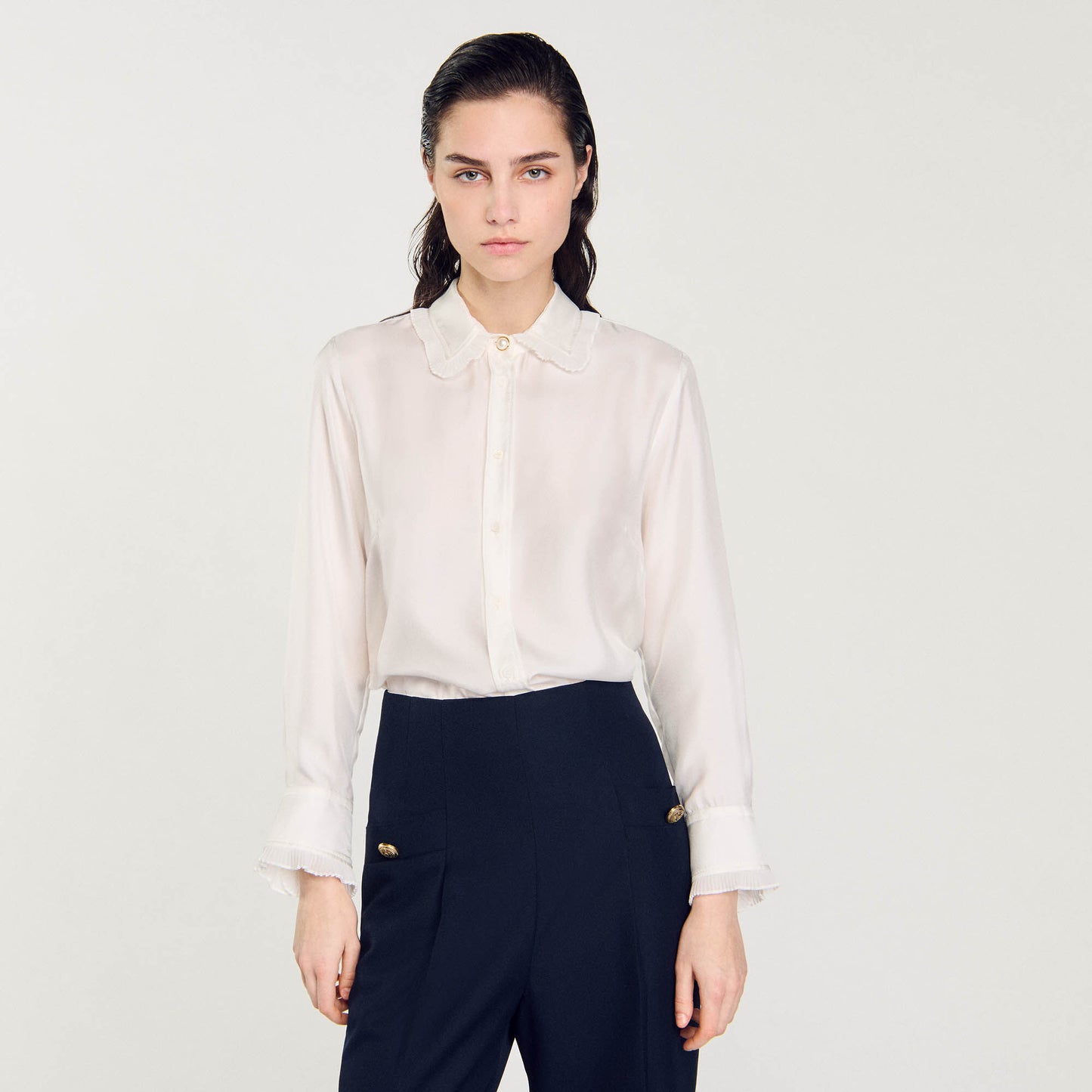 Silk Shirt With Pleated Trim Ecru