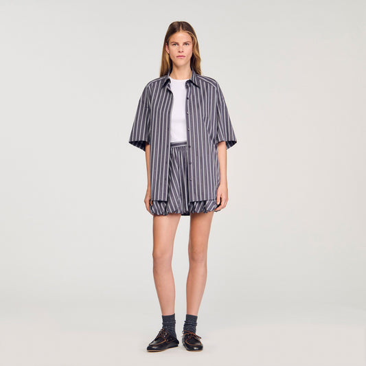 Midnight Oversized Striped Rhinestone Shirt Grey