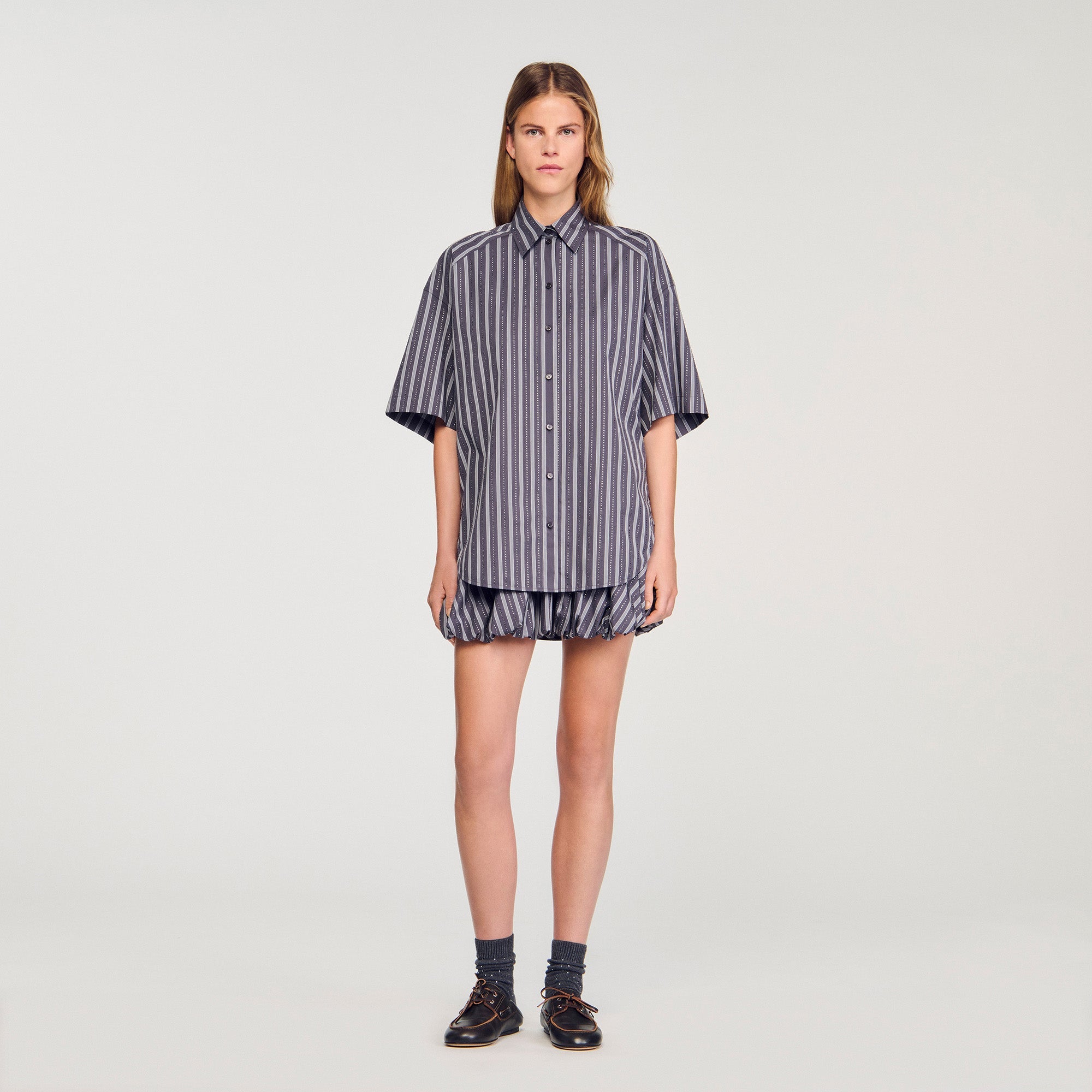 Midnight Oversized Striped Rhinestone Shirt Grey
