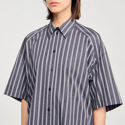 Midnight Oversized Striped Rhinestone Shirt Grey