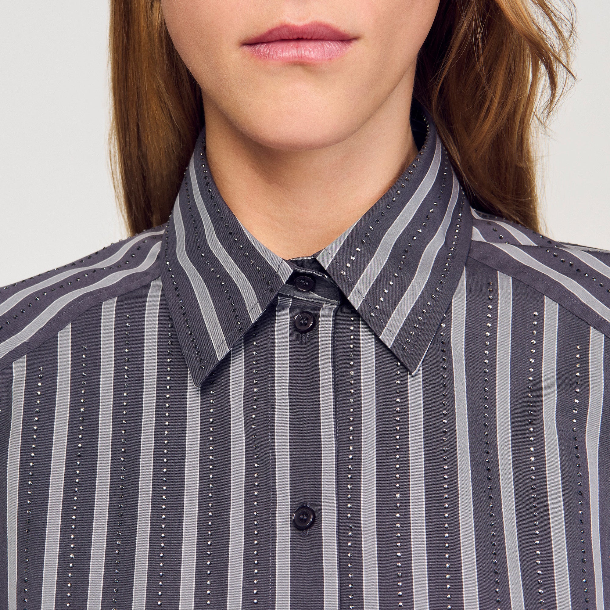 Midnight Oversized Striped Rhinestone Shirt Grey