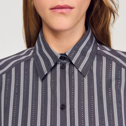 Midnight Oversized Striped Rhinestone Shirt Grey