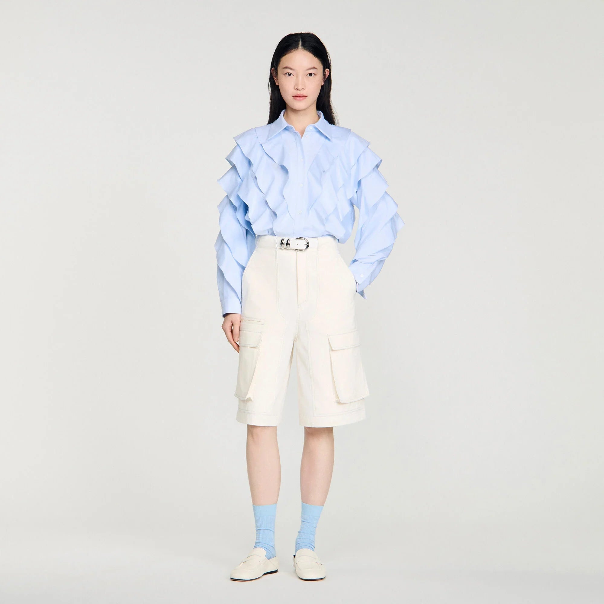 Flamenco Ruffled Cotton Shirt Sky Blue