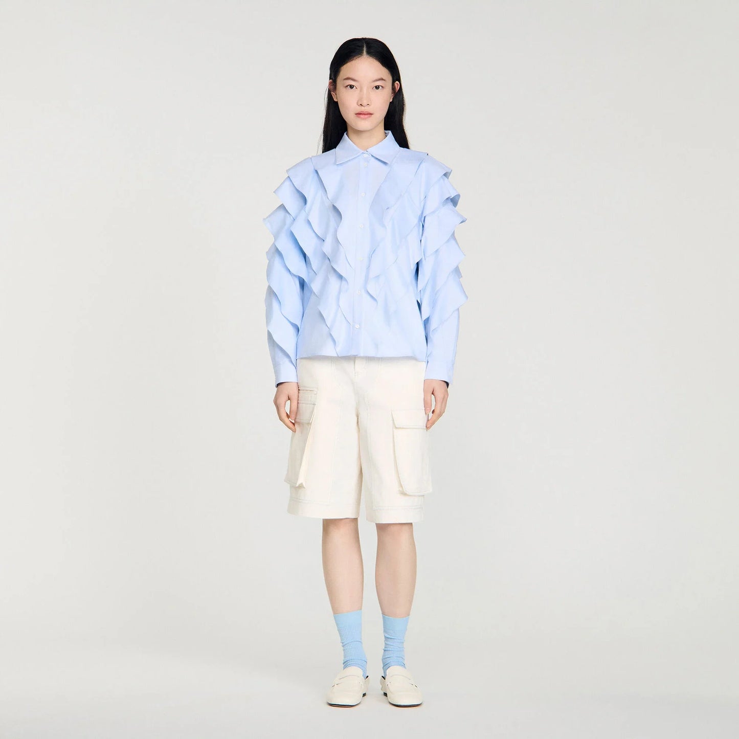 Flamenco Ruffled Cotton Shirt Sky Blue