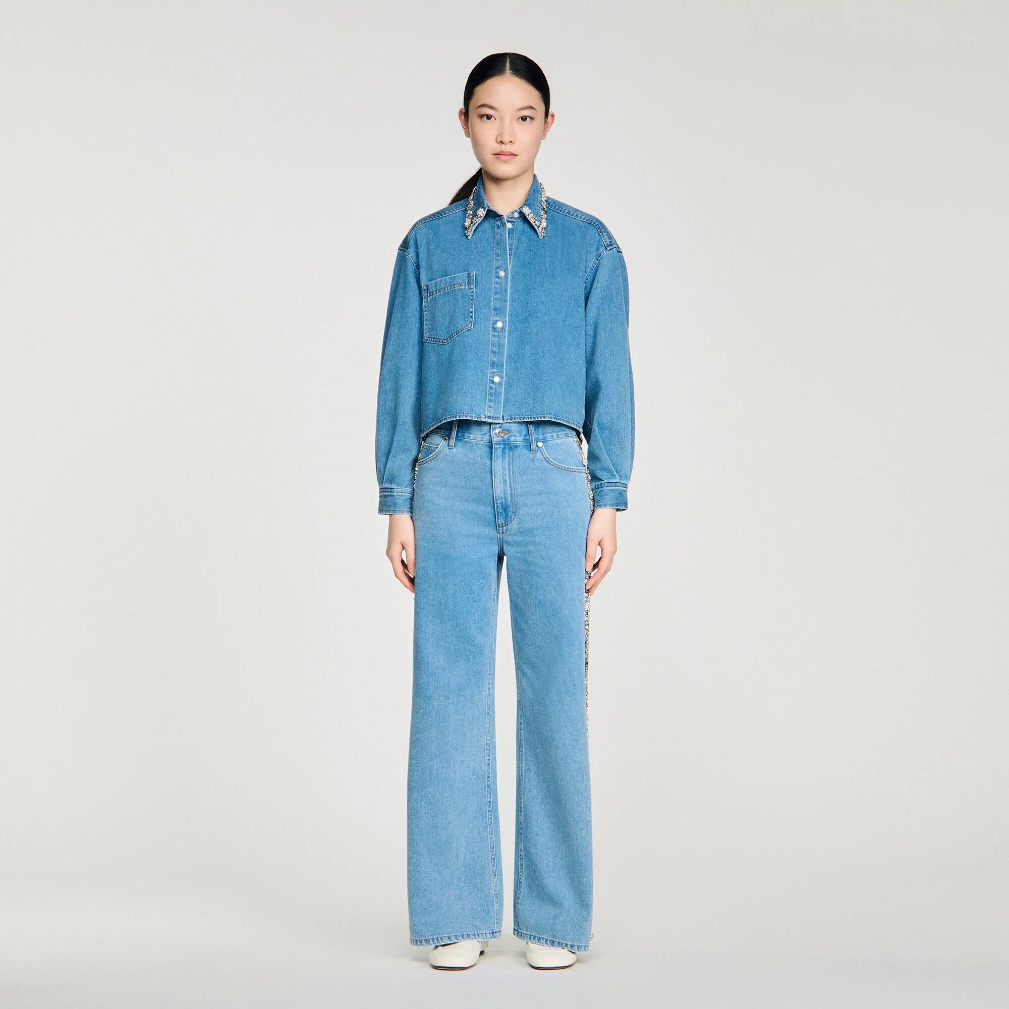 Carmella Denim Shirt With Rhinestones Blue Jean