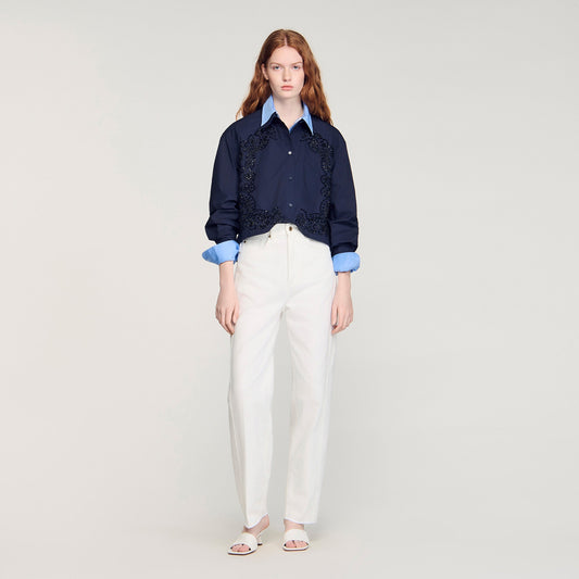 Tiana Floral Embroidered Cotton Shirt Navy Blue