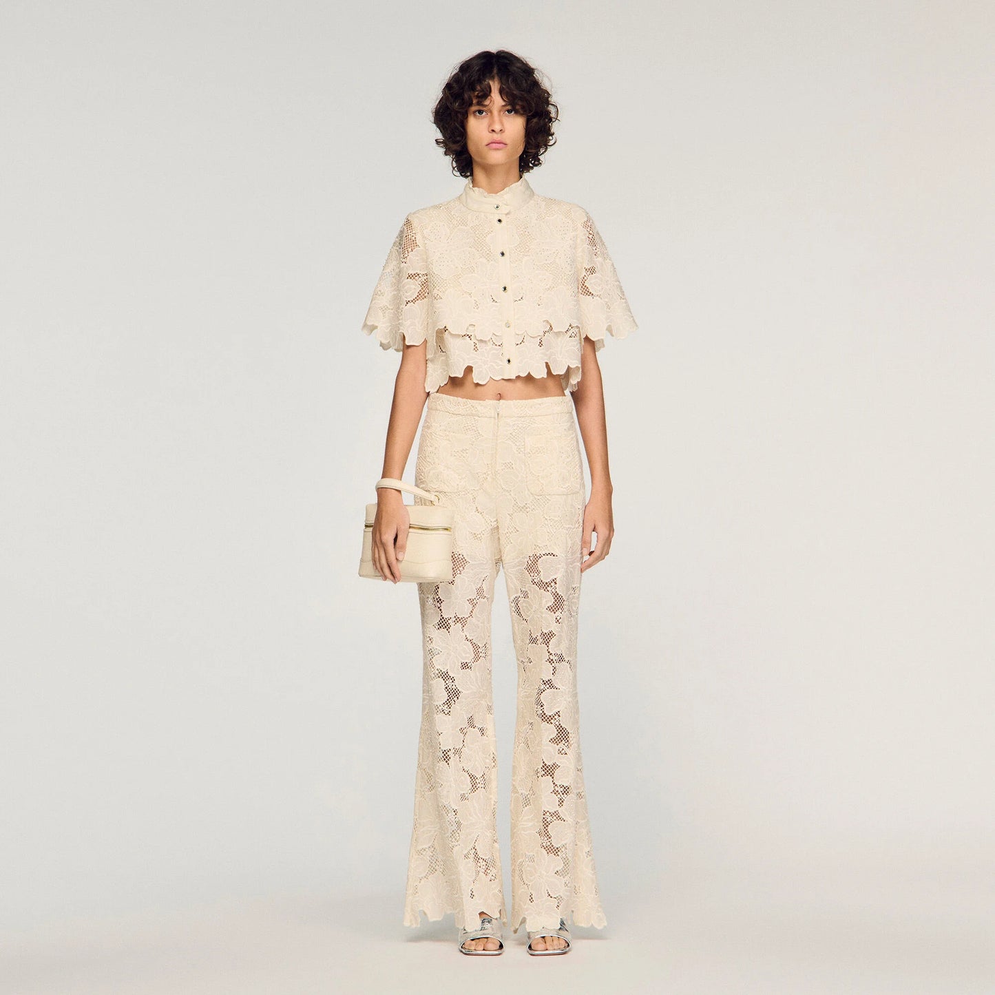 Ame Cropped Floral Guipure Shirt Ecru