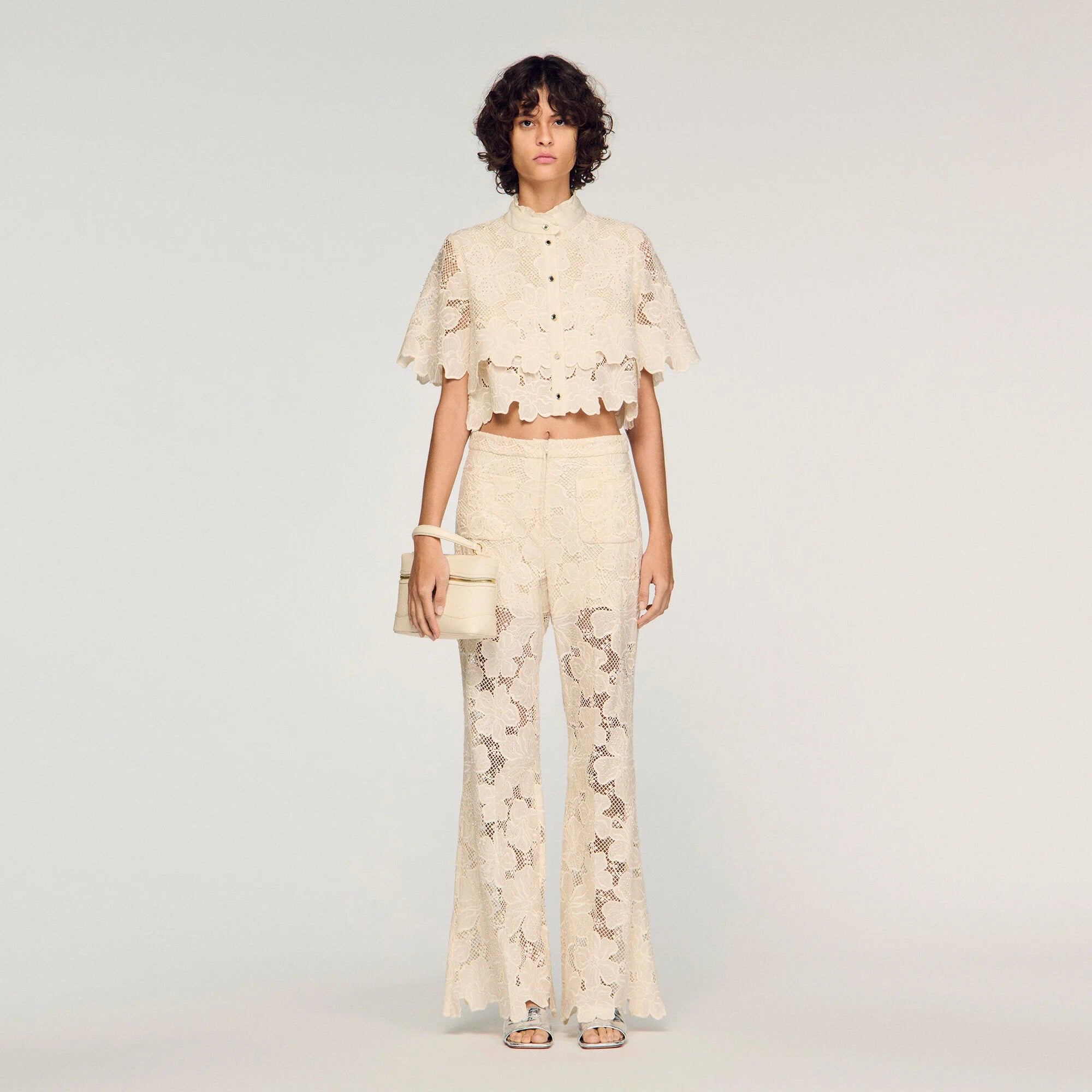 Ame Cropped Floral Guipure Shirt Ecru