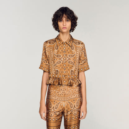Vanessi Bandana Print Cropped Shirt Brown / Black