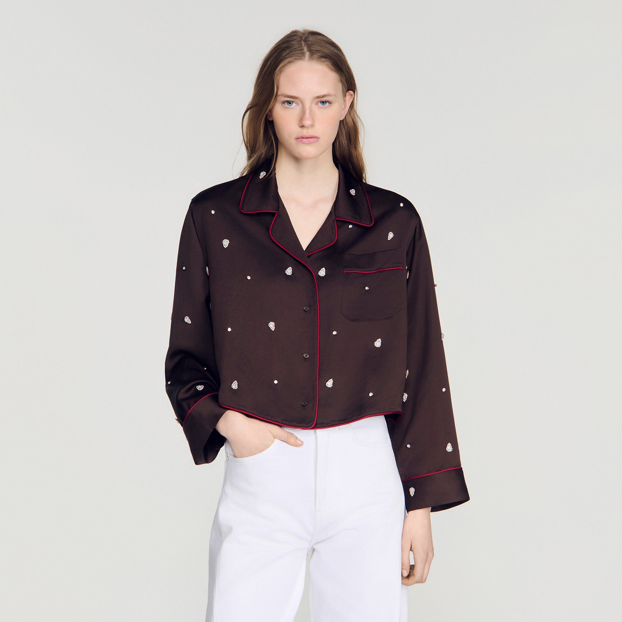 Kalinda Shirt with beads and rhinestones Brown