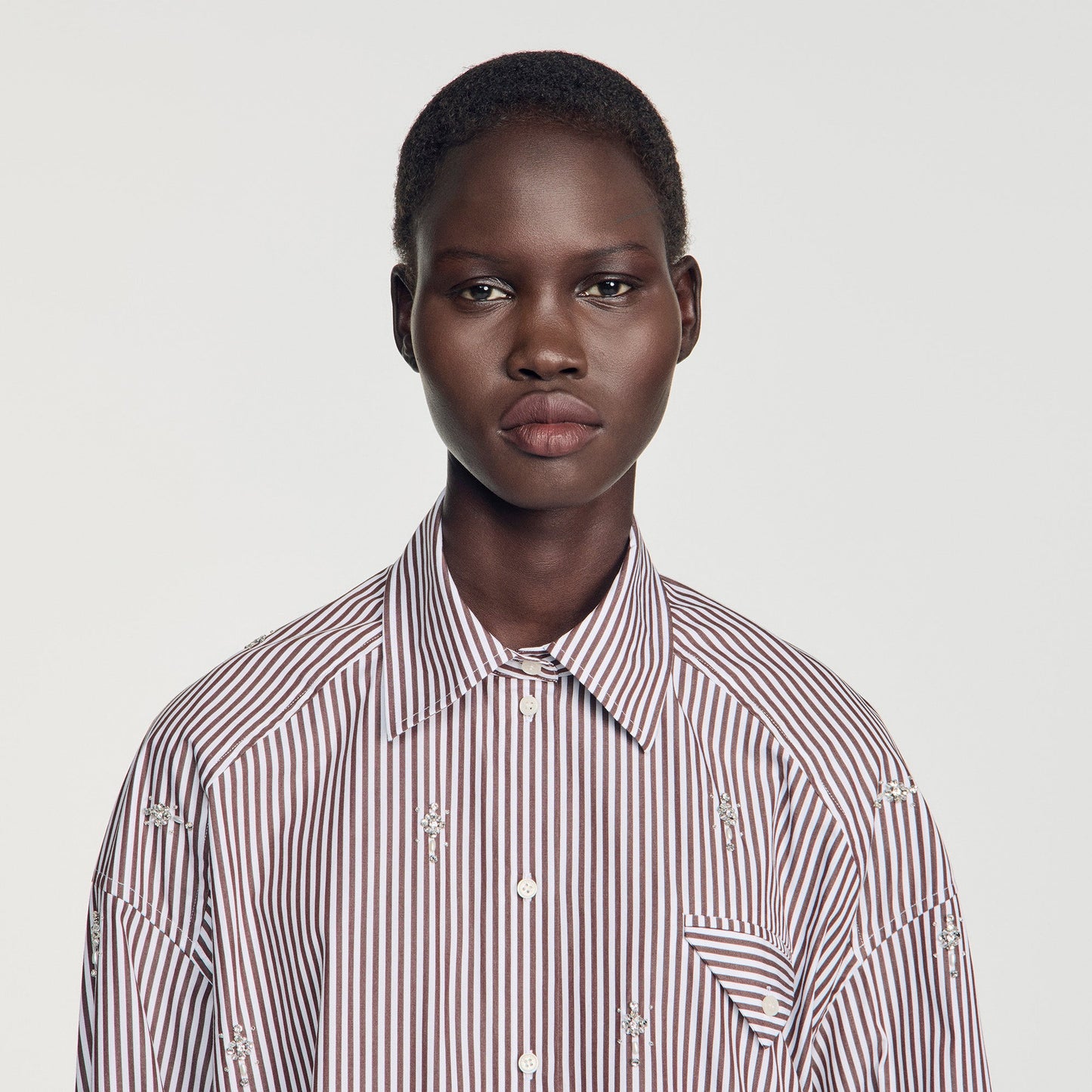 Brendana Oversized striped rhinestone shirt Brown