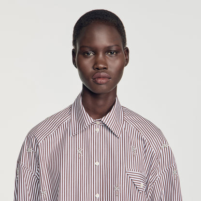 Brendana Oversized striped rhinestone shirt Brown