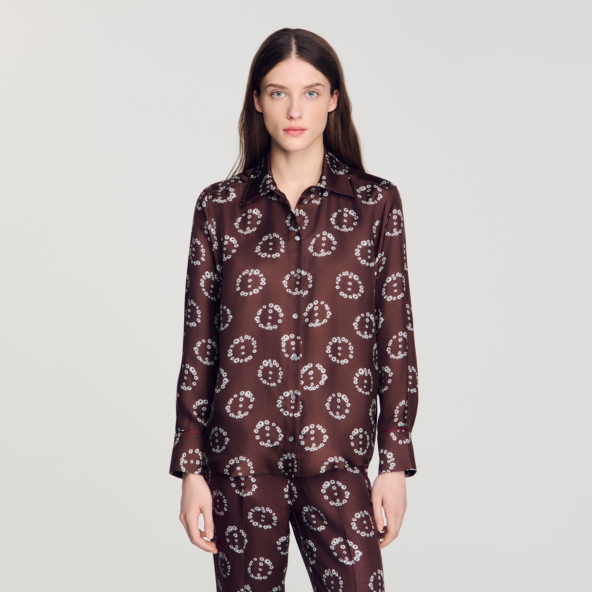 Salinara Floral print silk shirt Brown