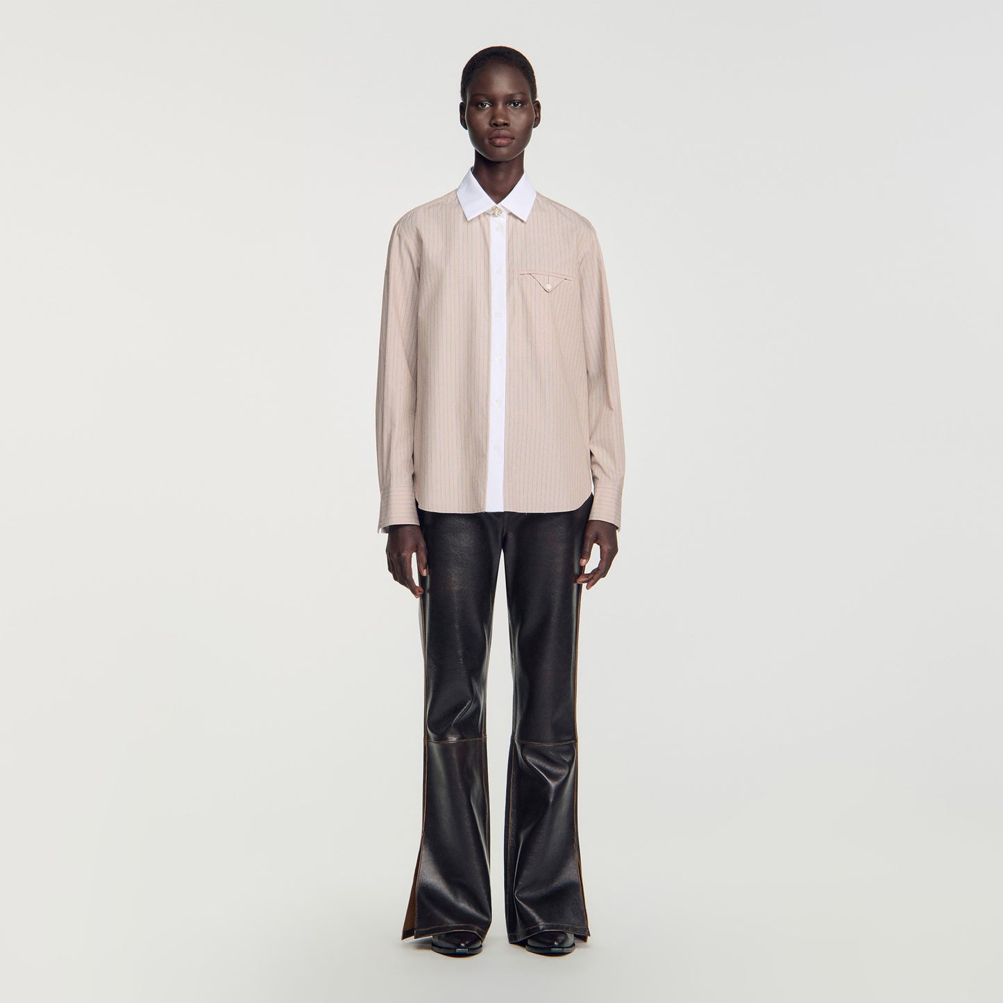 Natalya Striped shirt with contrast collar Beige