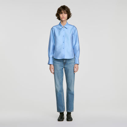 Suzanne Jewellery detail satin shirt Sky Blue