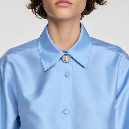 Suzanne Jewellery detail satin shirt Sky Blue