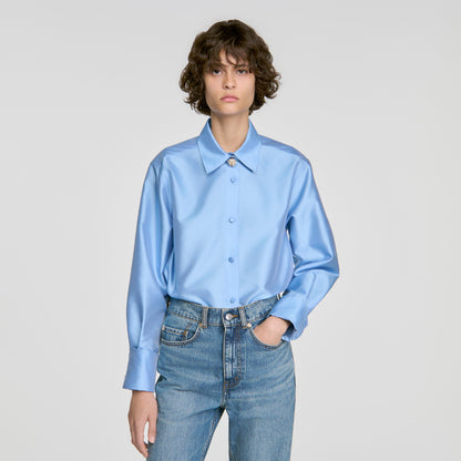 Suzanne Jewellery detail satin shirt Sky Blue