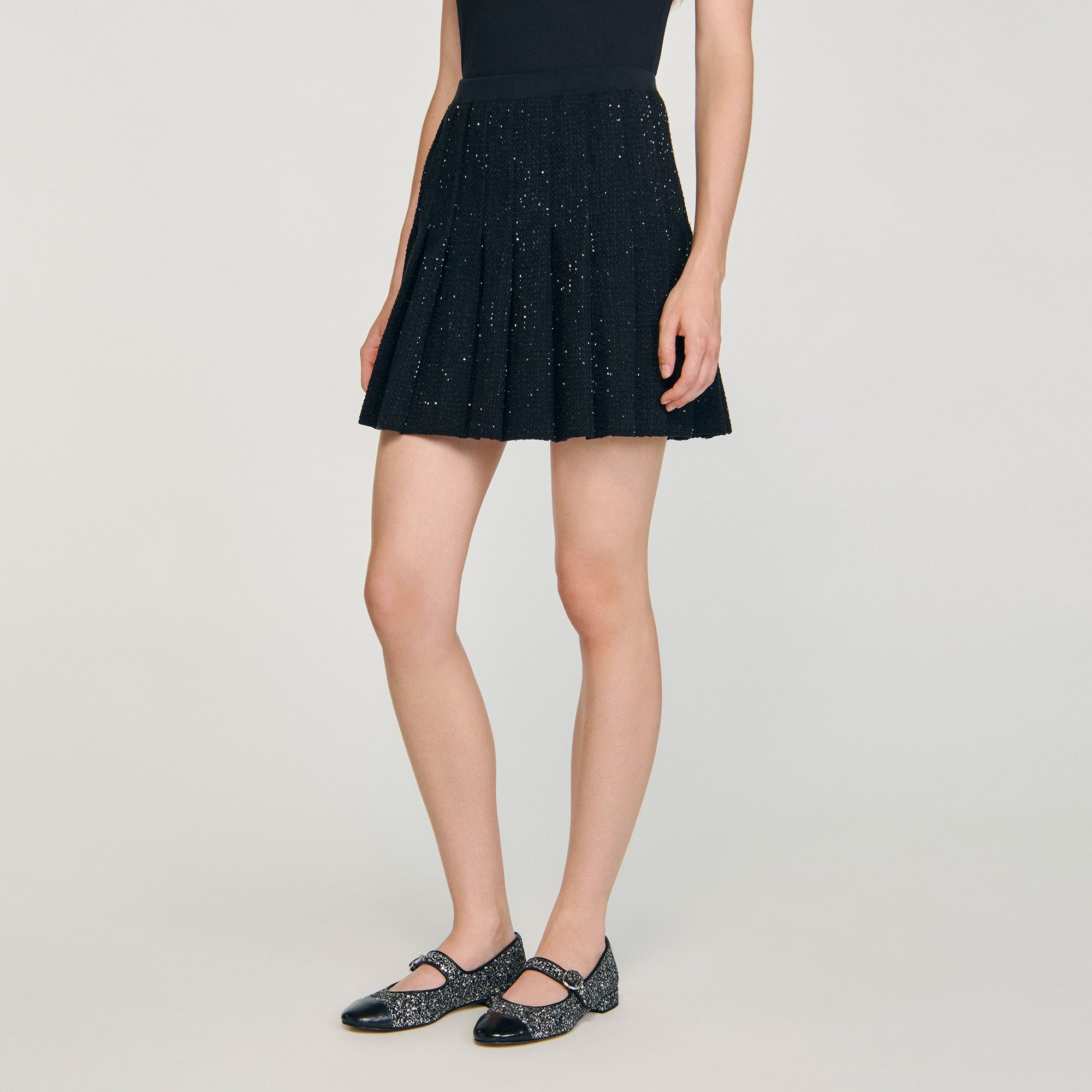 Henriette Short Tweed Pleated Skirt Black