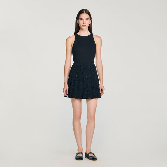 Henriette Short Tweed Pleated Skirt Black