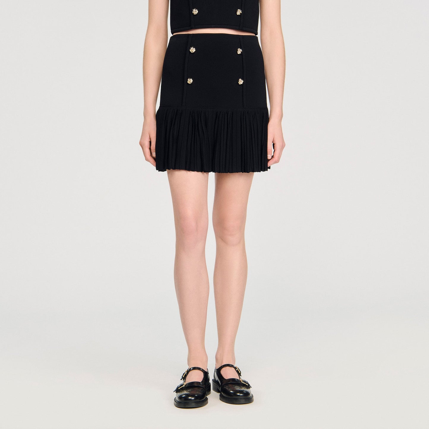 Short Pleated Knit Skirt Black