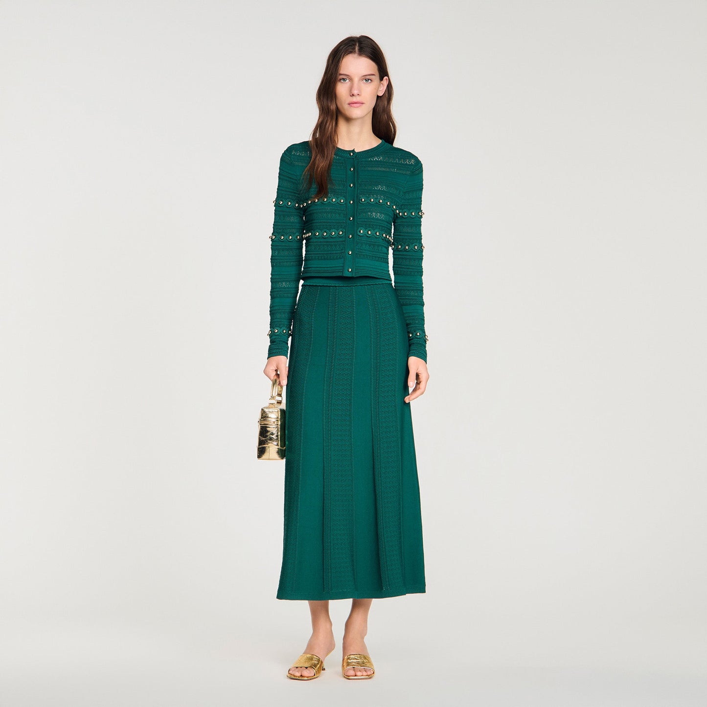 Vanea Beaded Textured Knit Skirt DARK GREEN