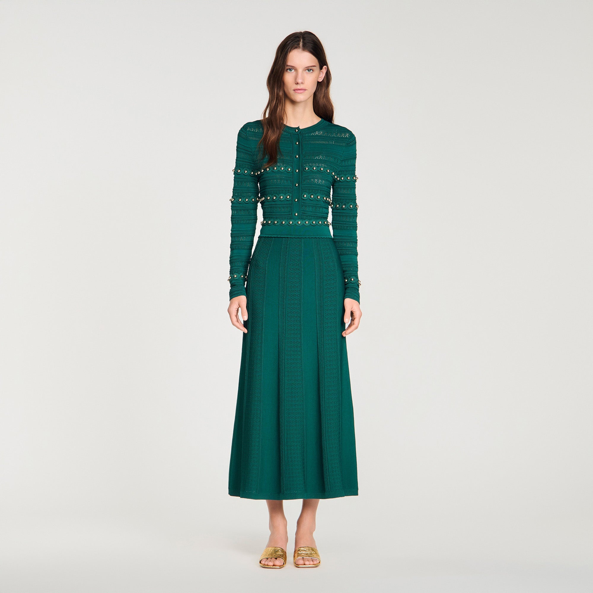 Vanea Beaded Textured Knit Skirt DARK GREEN