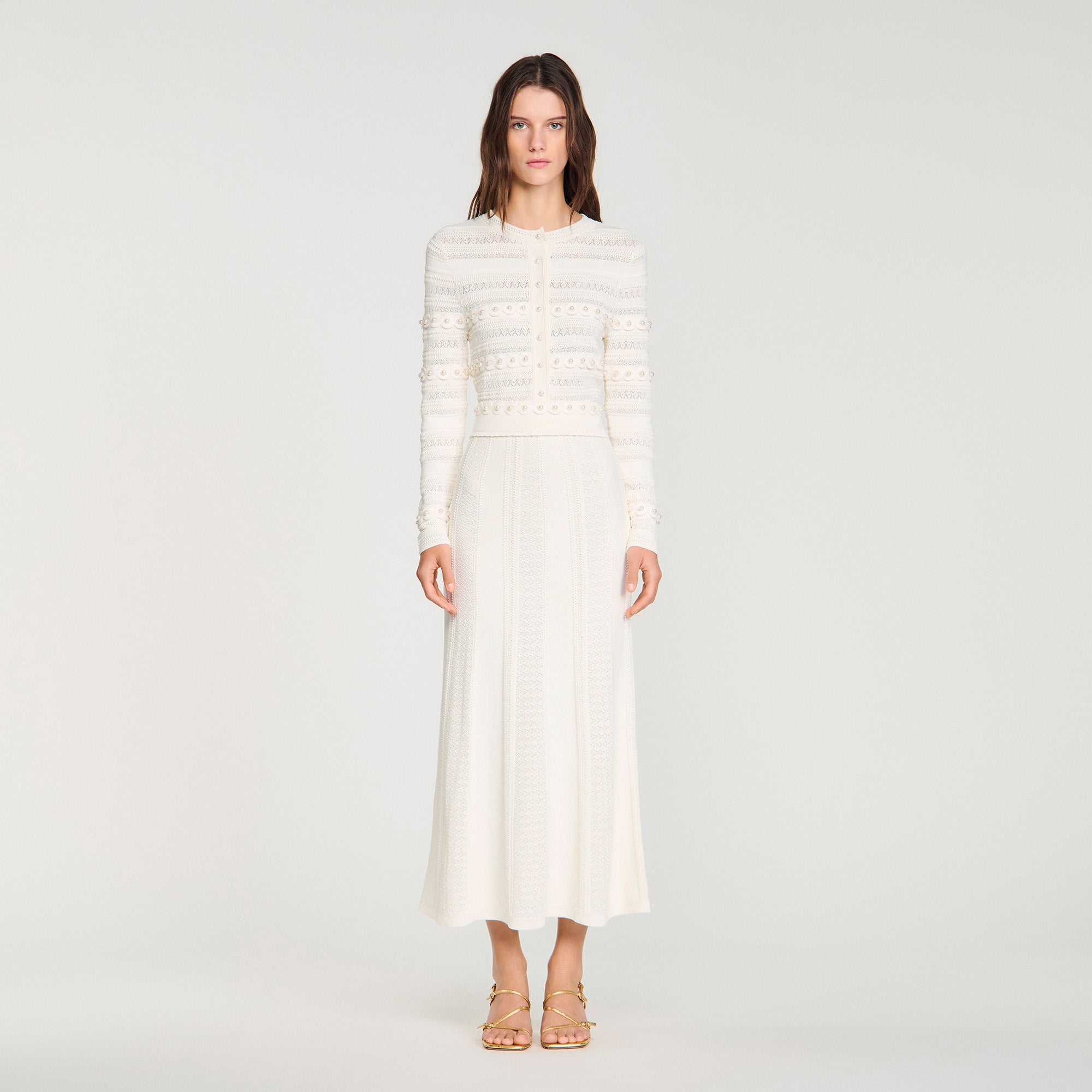 sandro cream knit dress Sandro Knit Midi Dress, Womens Short Sleeve Dress