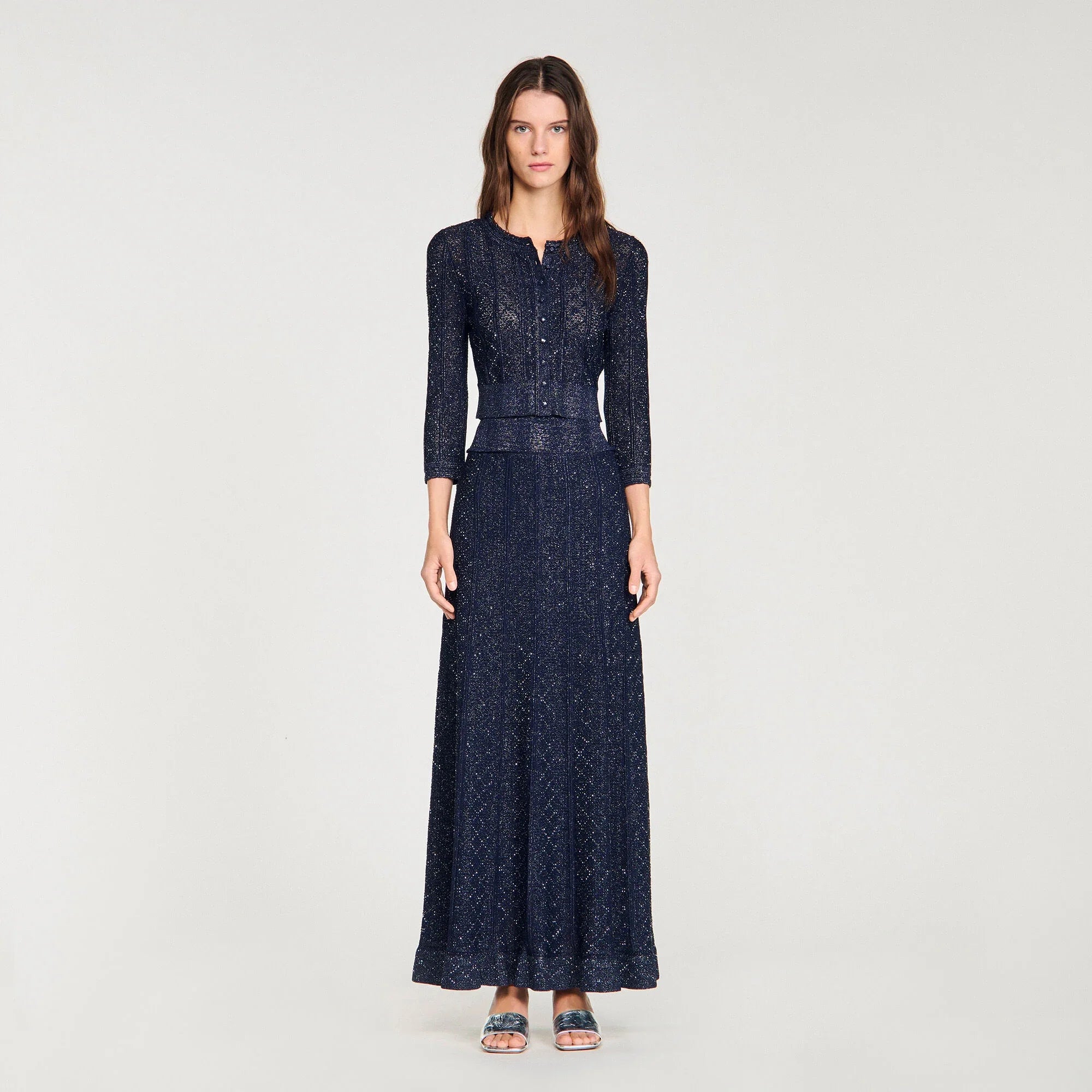 Leslie Rhinestone Knit Maxi Skirt Navy Blue