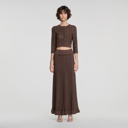 Leslie Long rhinestone knit skirt Brown