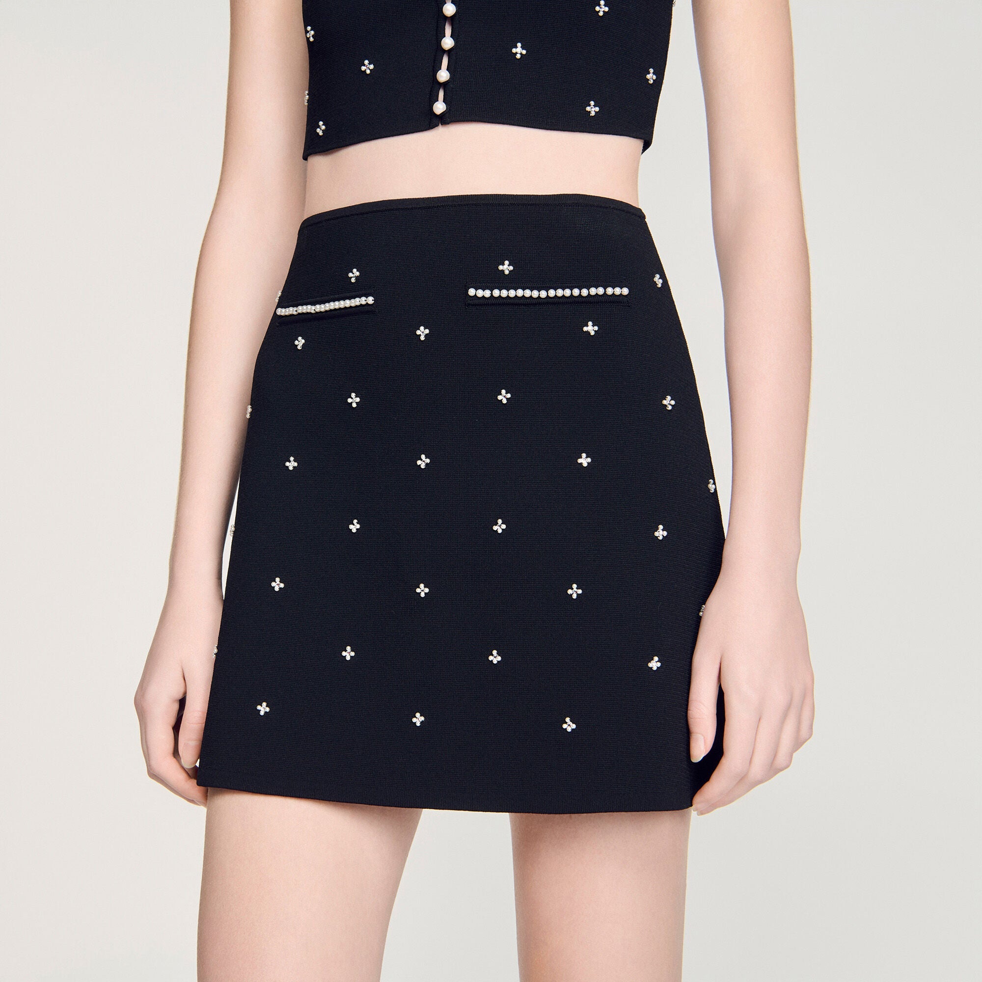 Lydie Rhinestone Embroidered Knit Skirt Black