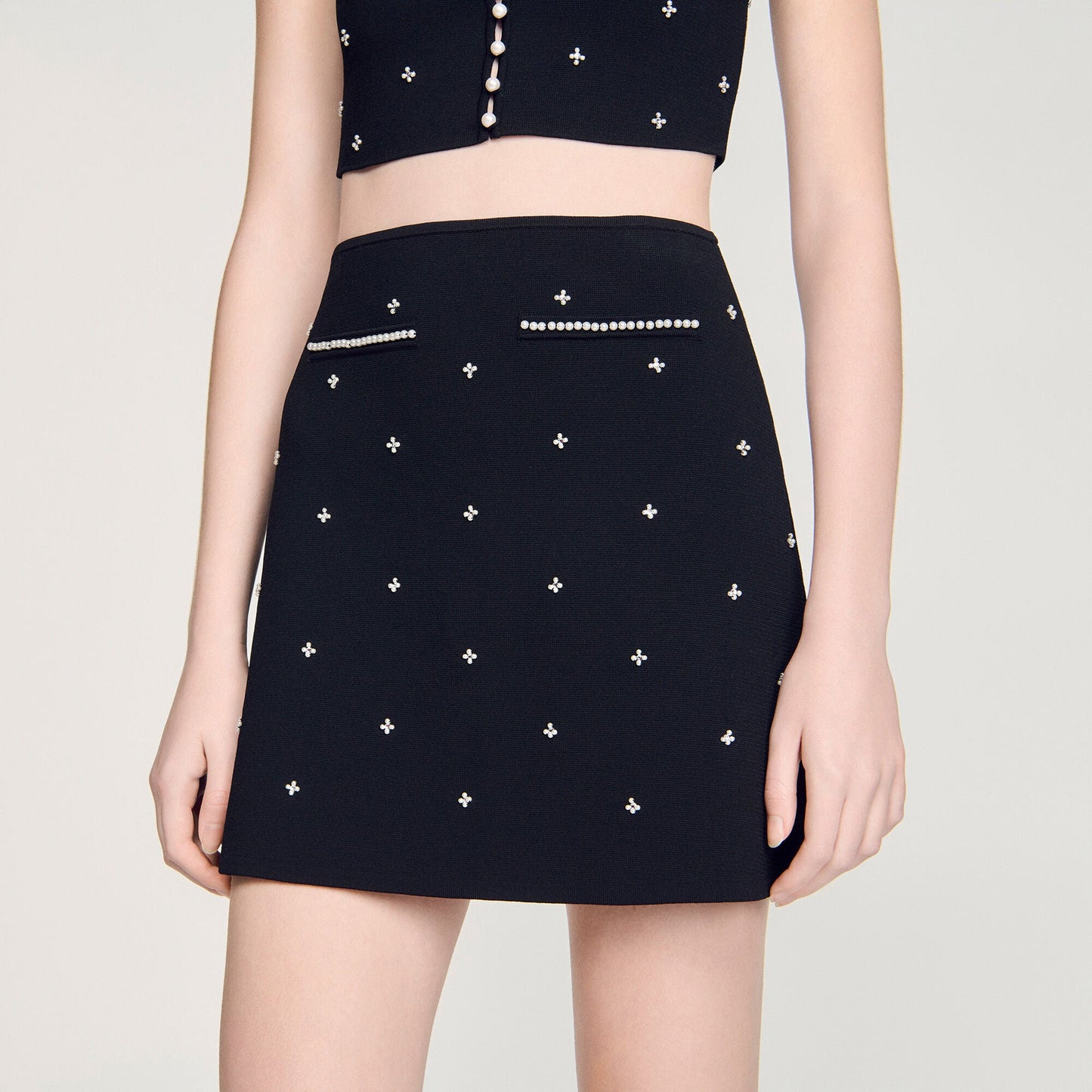 Lydie Rhinestone Embroidered Knit Skirt Black