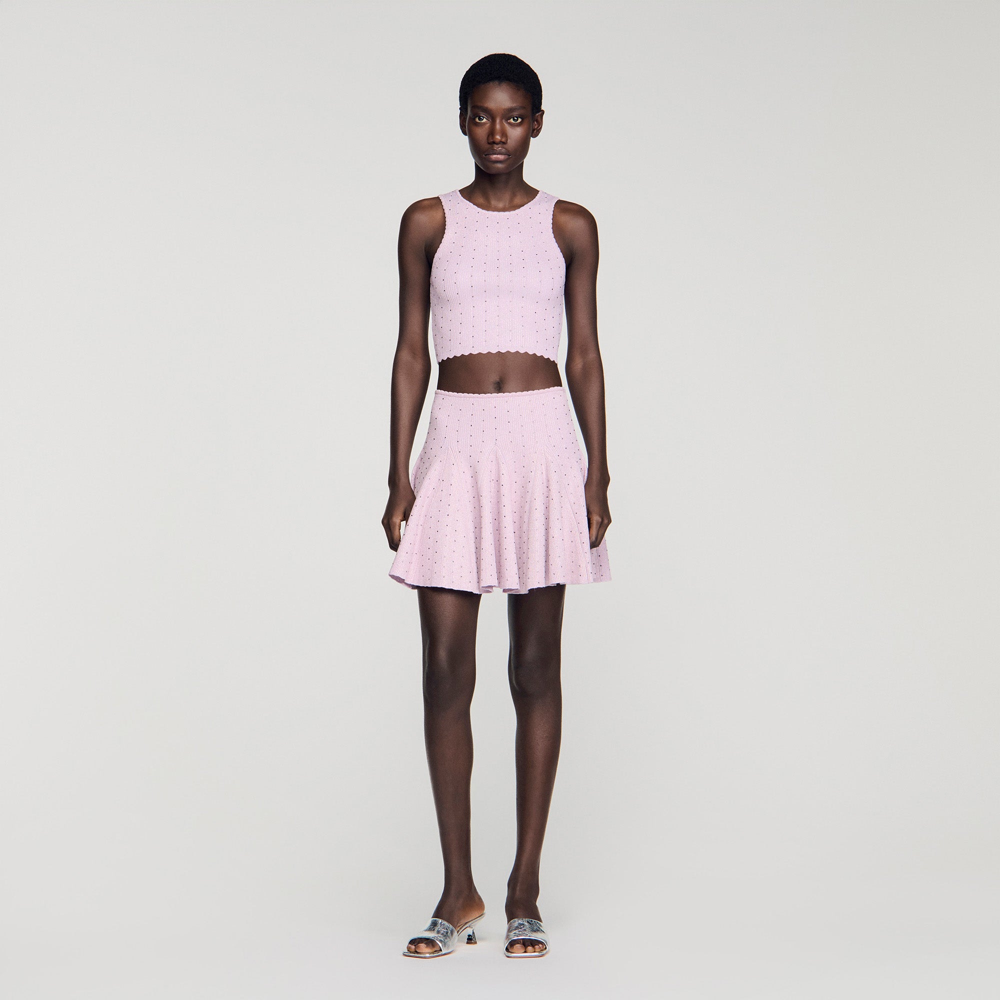 Tea Short Rhinestone Knit Skirt Mauve