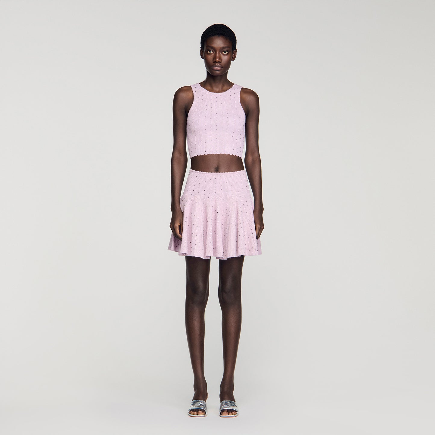 Tea Short Rhinestone Knit Skirt Mauve